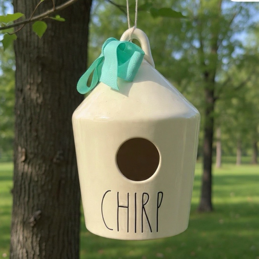 Rae Dunn artisan collection Chirp Ceramic Birdhouse with Teal Ribbon